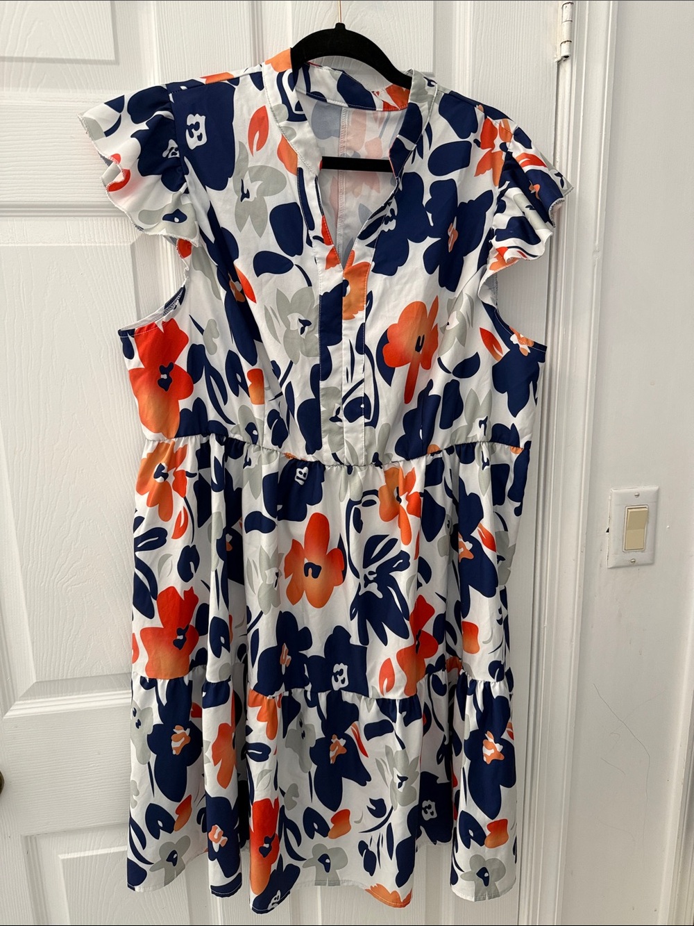 SHEIN Navy, Orange & White Floral Tiered Dress
